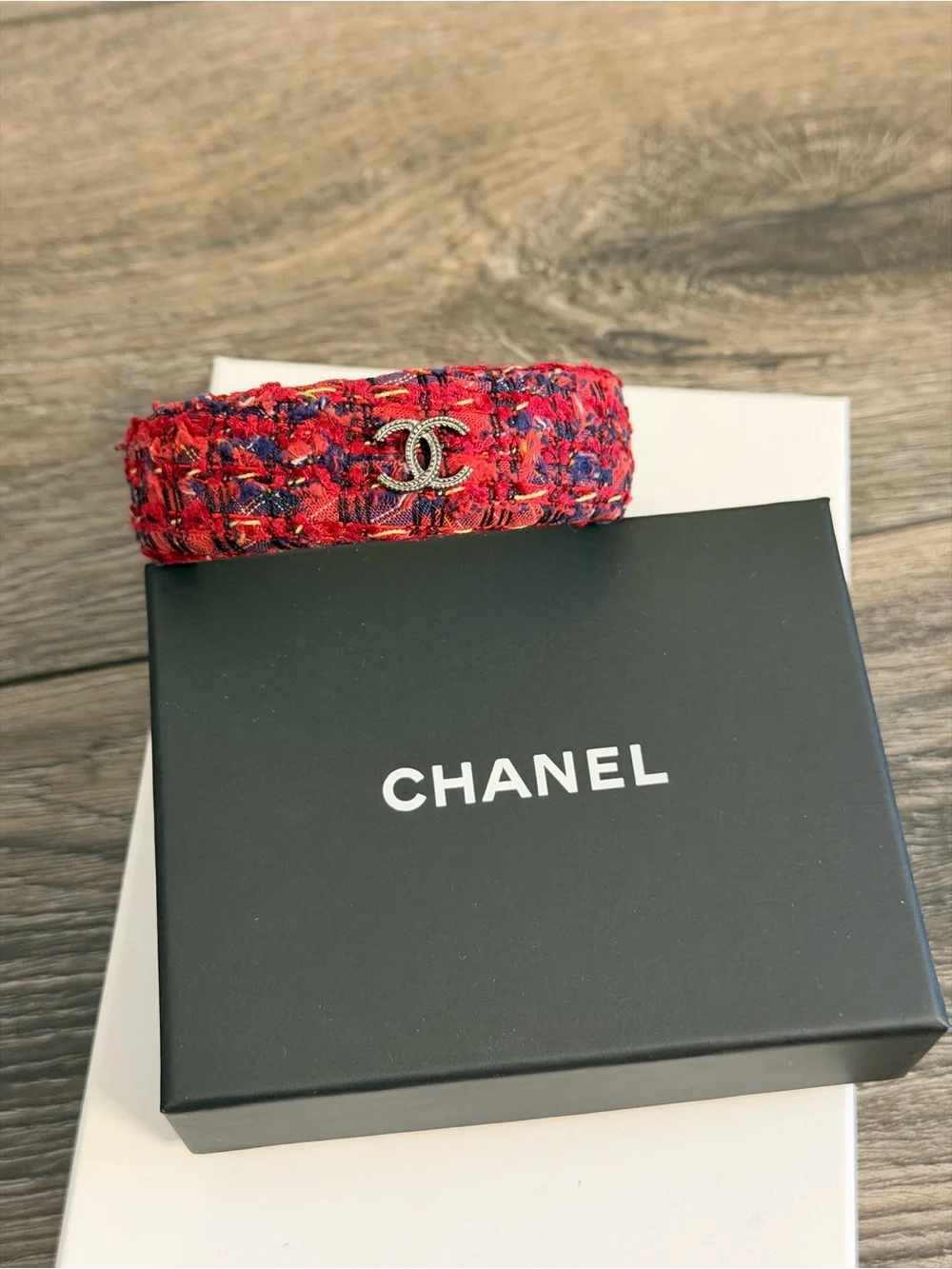 CHANEL Red Tweed CC Logo Bangle Bracelet